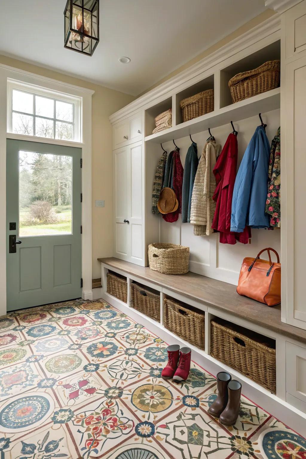 Patterned stone tiles bring a playful charm.
