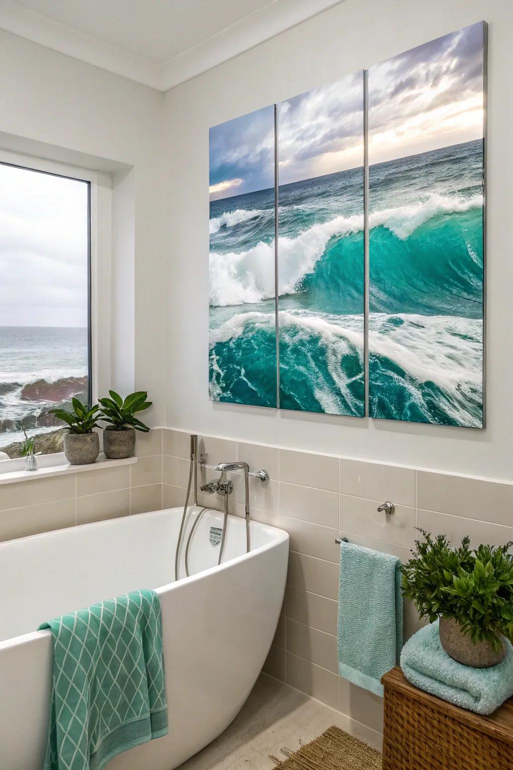 With this ocean waves piece stretched across numerous canvases, you can create a relaxing escape in the bathroom.