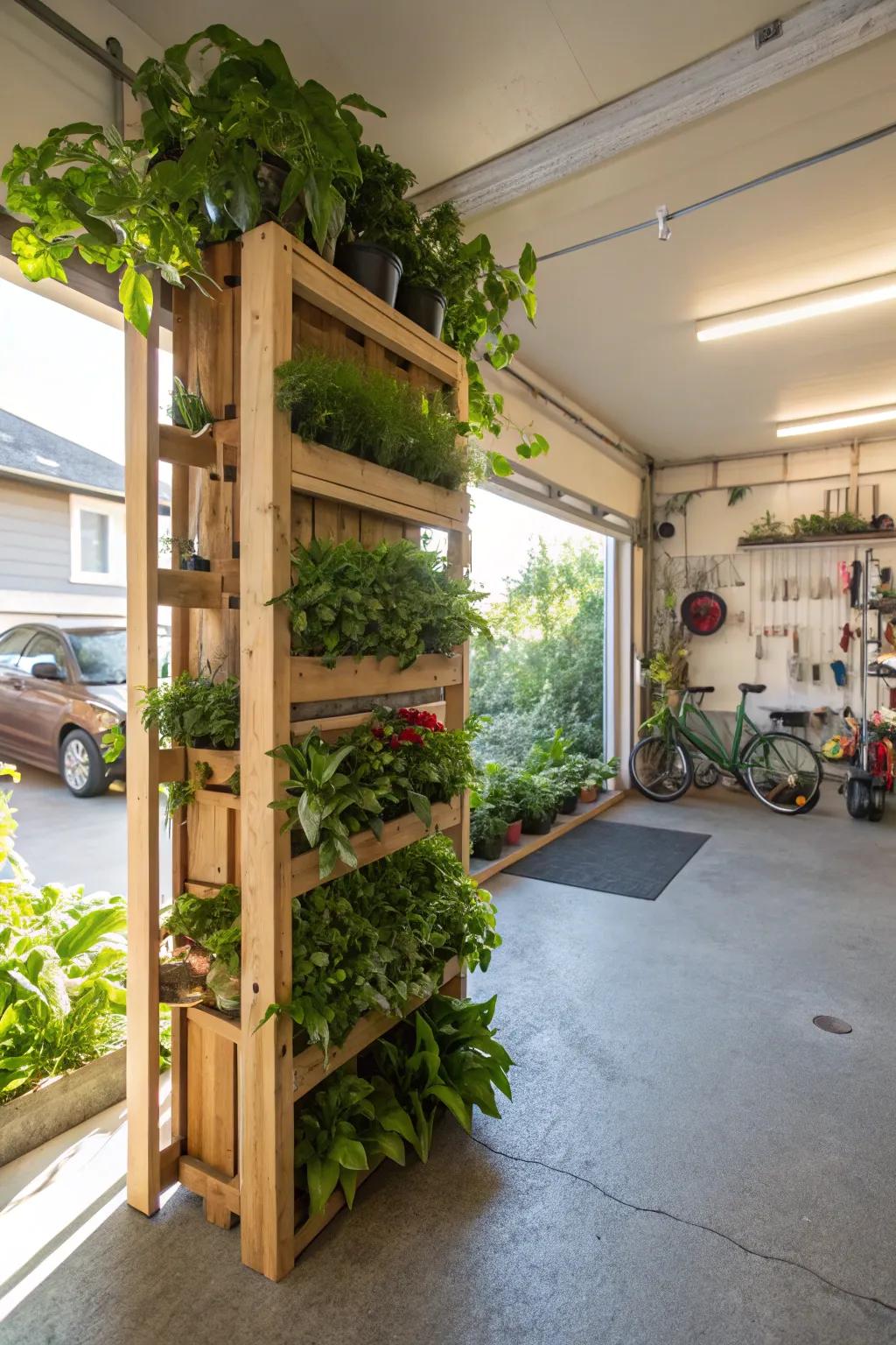 A thriving indoor garden flourishing within a garage.