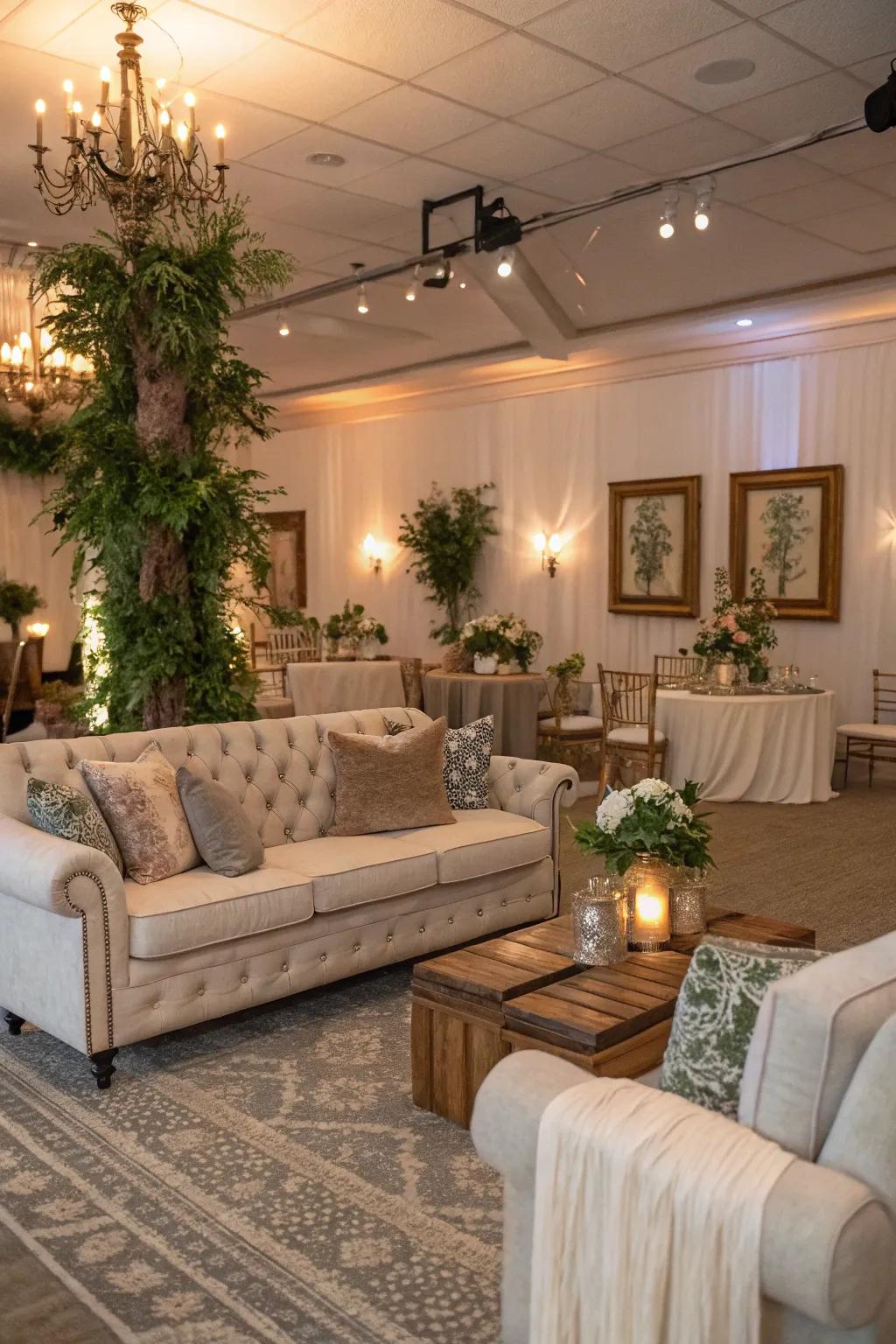 Chic lounge zones offer comfortable locations for attendees to unwind.