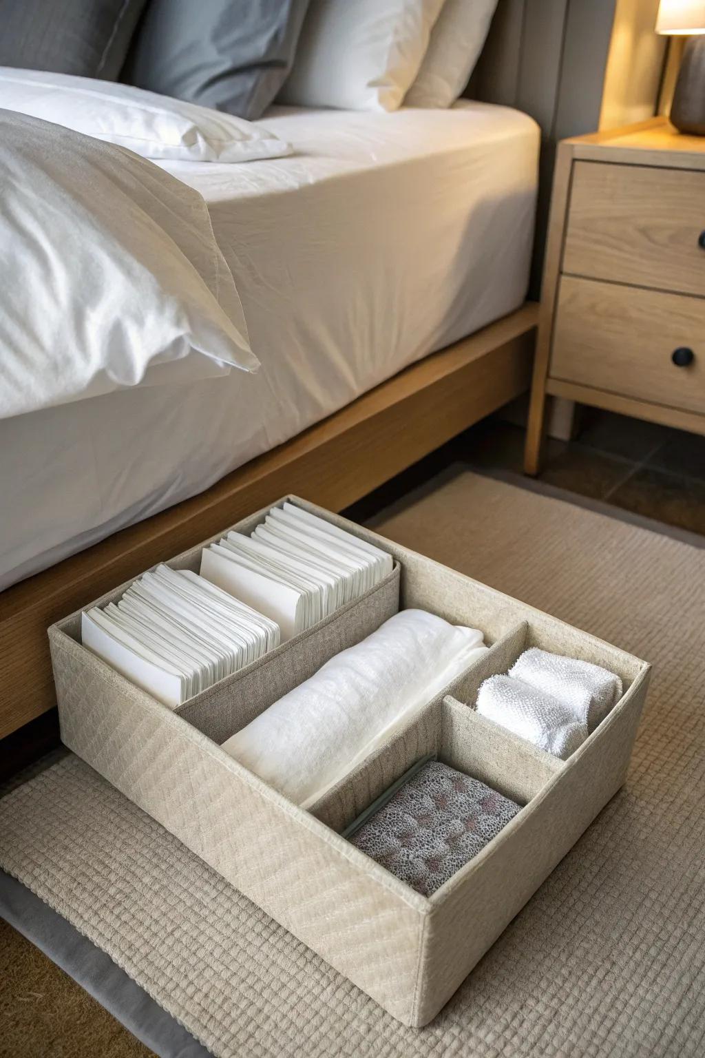 Take advantage of under-bed space for neatly arranged napkin storage.