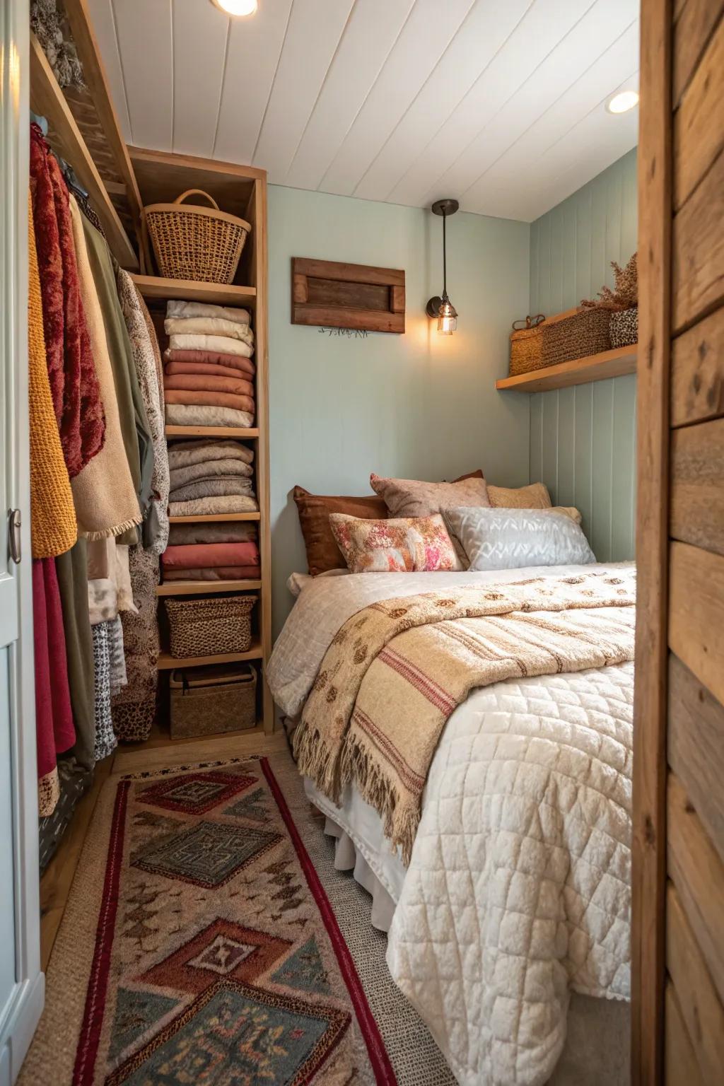 Layered textiles contribute depth and warmth within a slender bedroom.