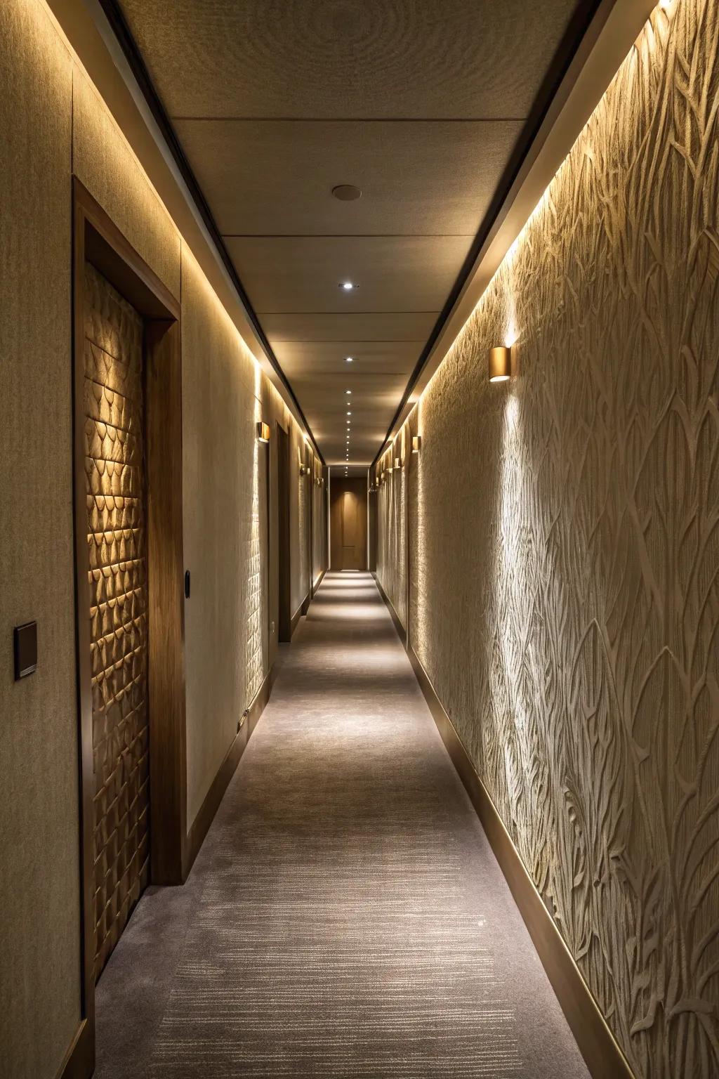 Finished dividers add profundity and interest to a restricted hallway.