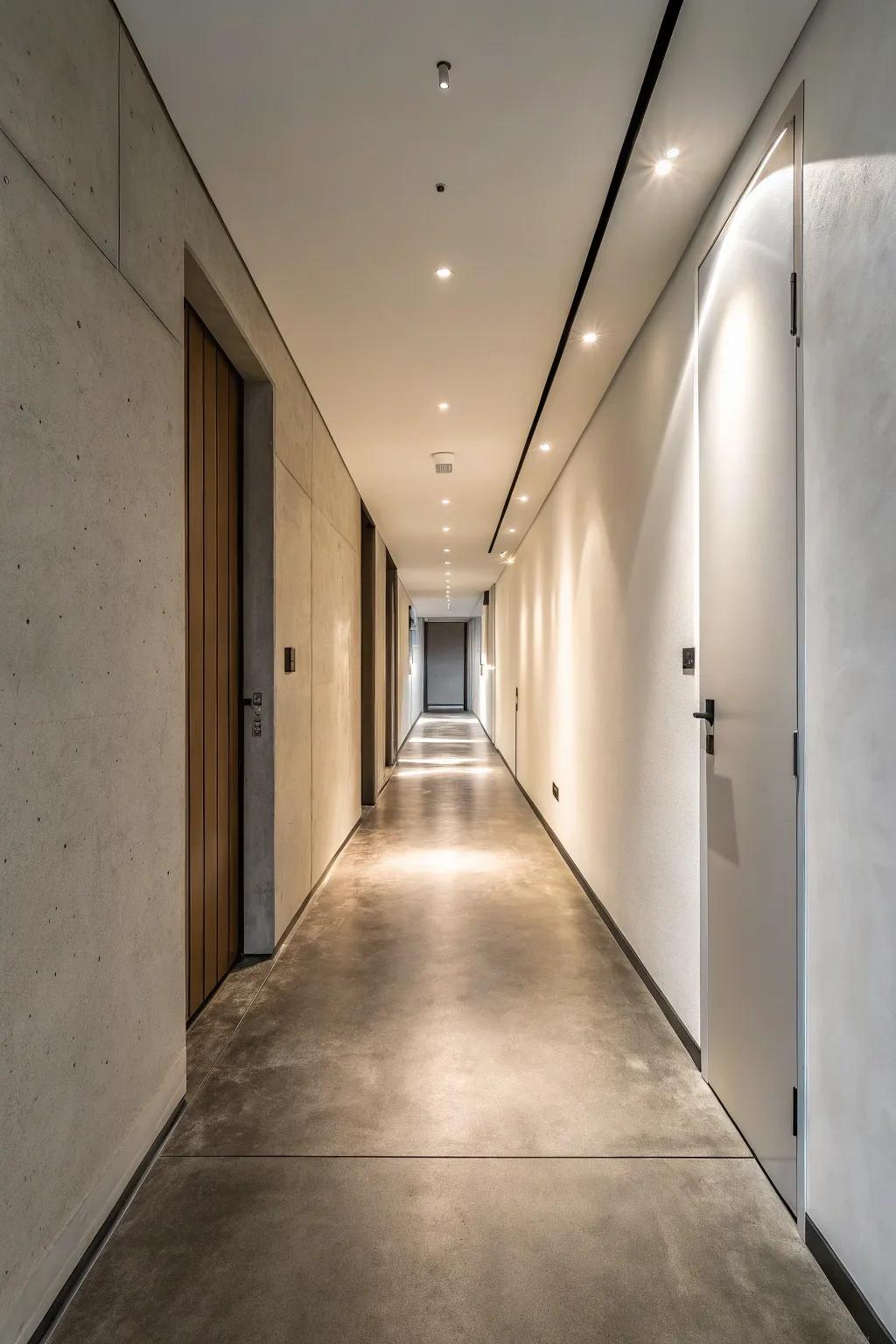 Cement floors provide a sleek, modern feeling to narrow hallways.