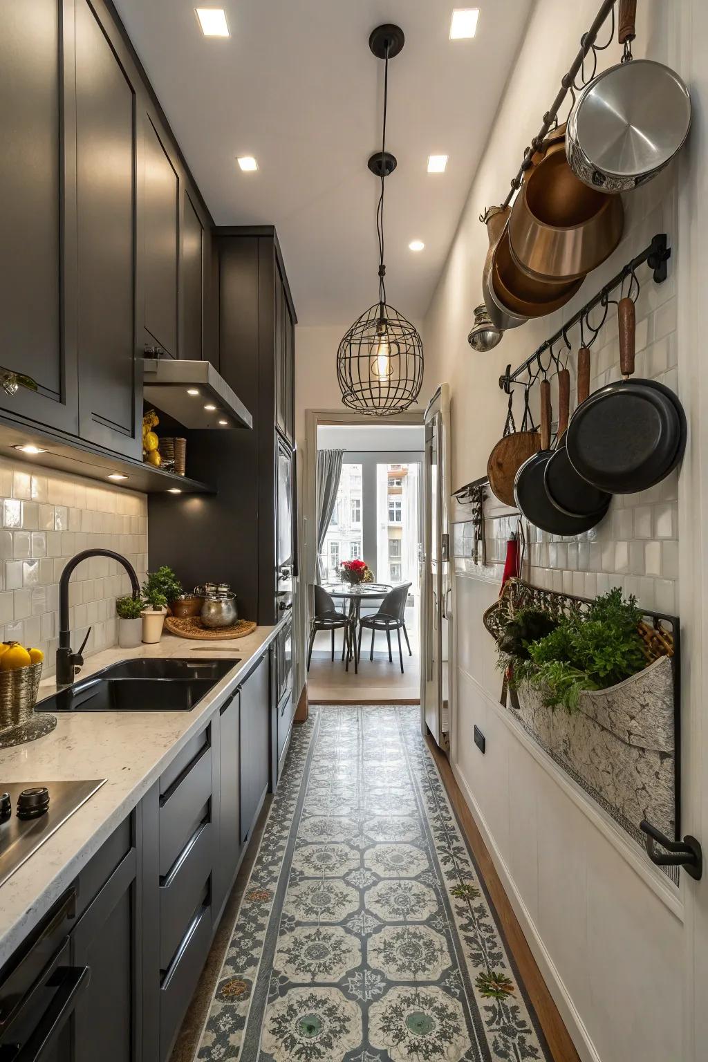 Practical ornamentation enhances the aesthetic and utility of slender kitchens.