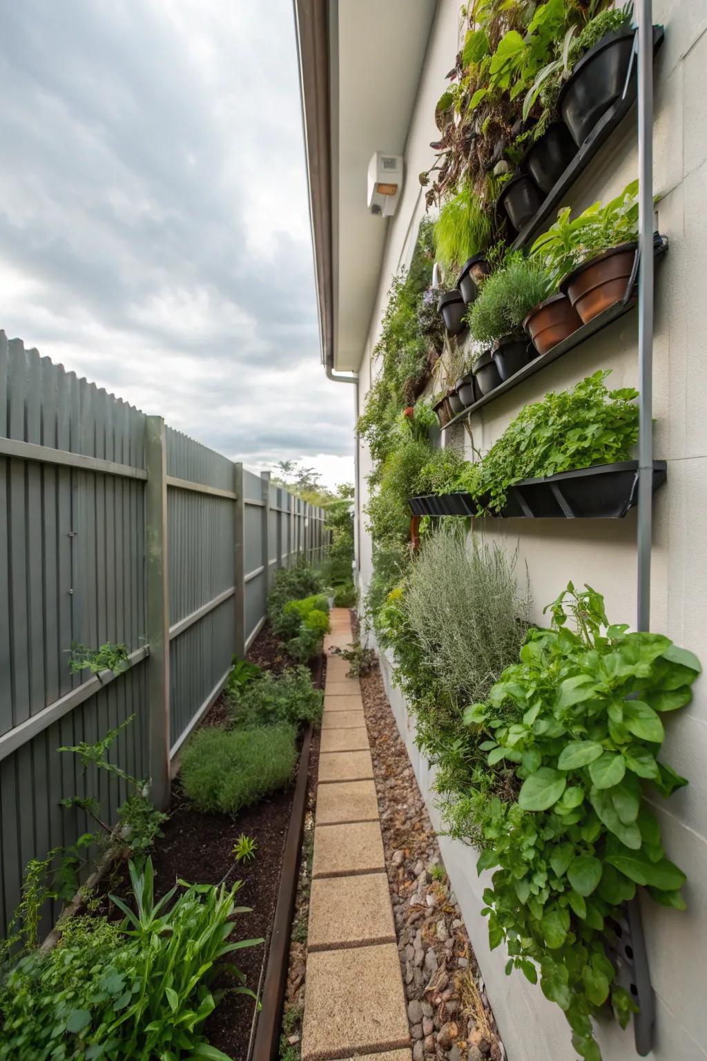 A herb wall is both practical and picturesque in a side garden.