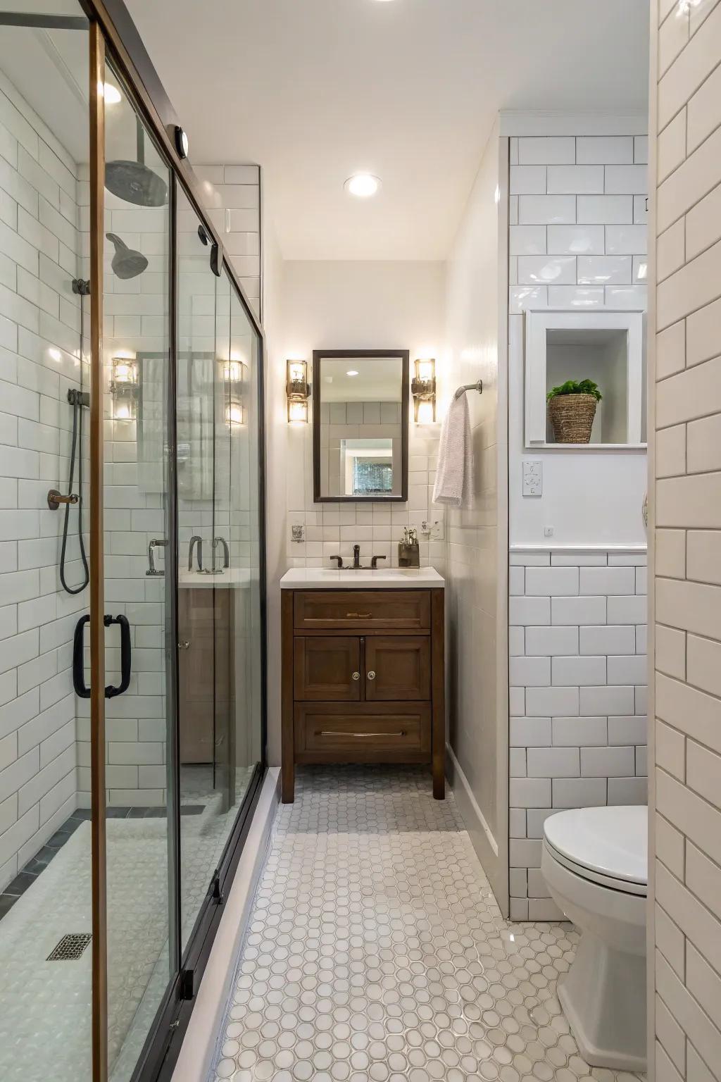 Walk-in showers give an open, fancy feel in small bathrooms.