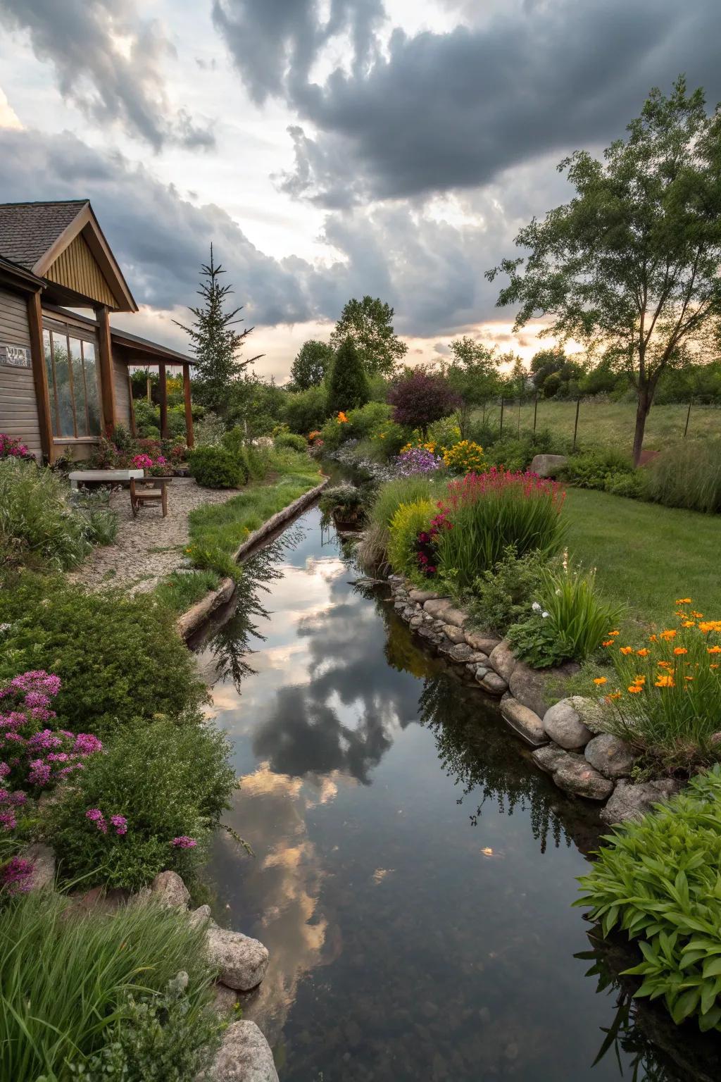 A reflective stream constructing a serene backyard oasis.