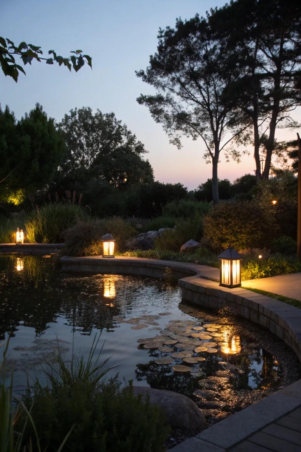 Solar lamps projecting a gentle luminescence over a serene pond.