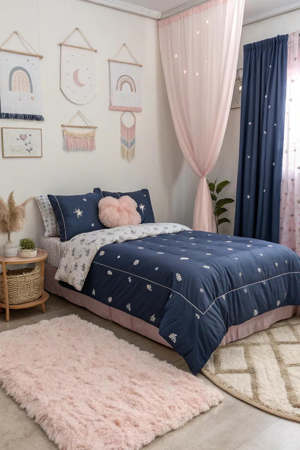Soften sea blue with pastel accents for serene balance.