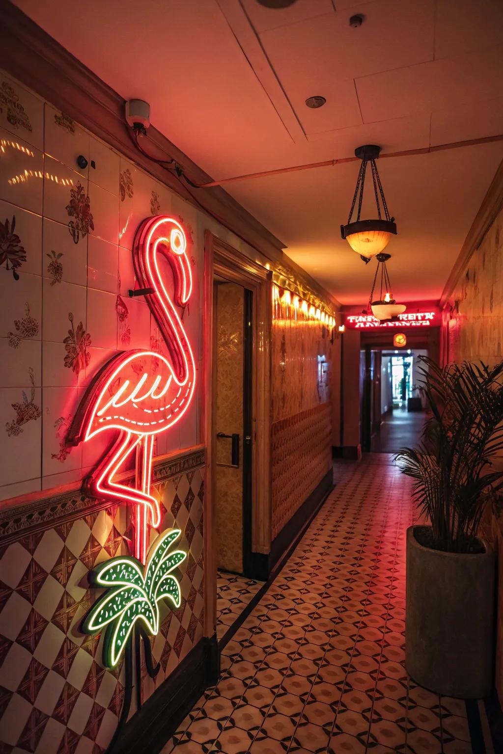 A retro neon seabird art brings vintage charm to an entrance.