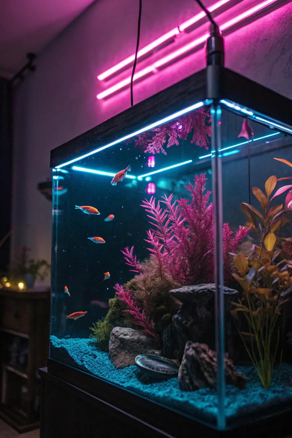 Striking contrasts in radiant hues make this aquarium stand out.