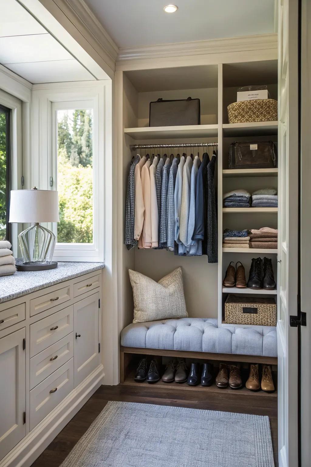 Open closet with a comfy place to sit