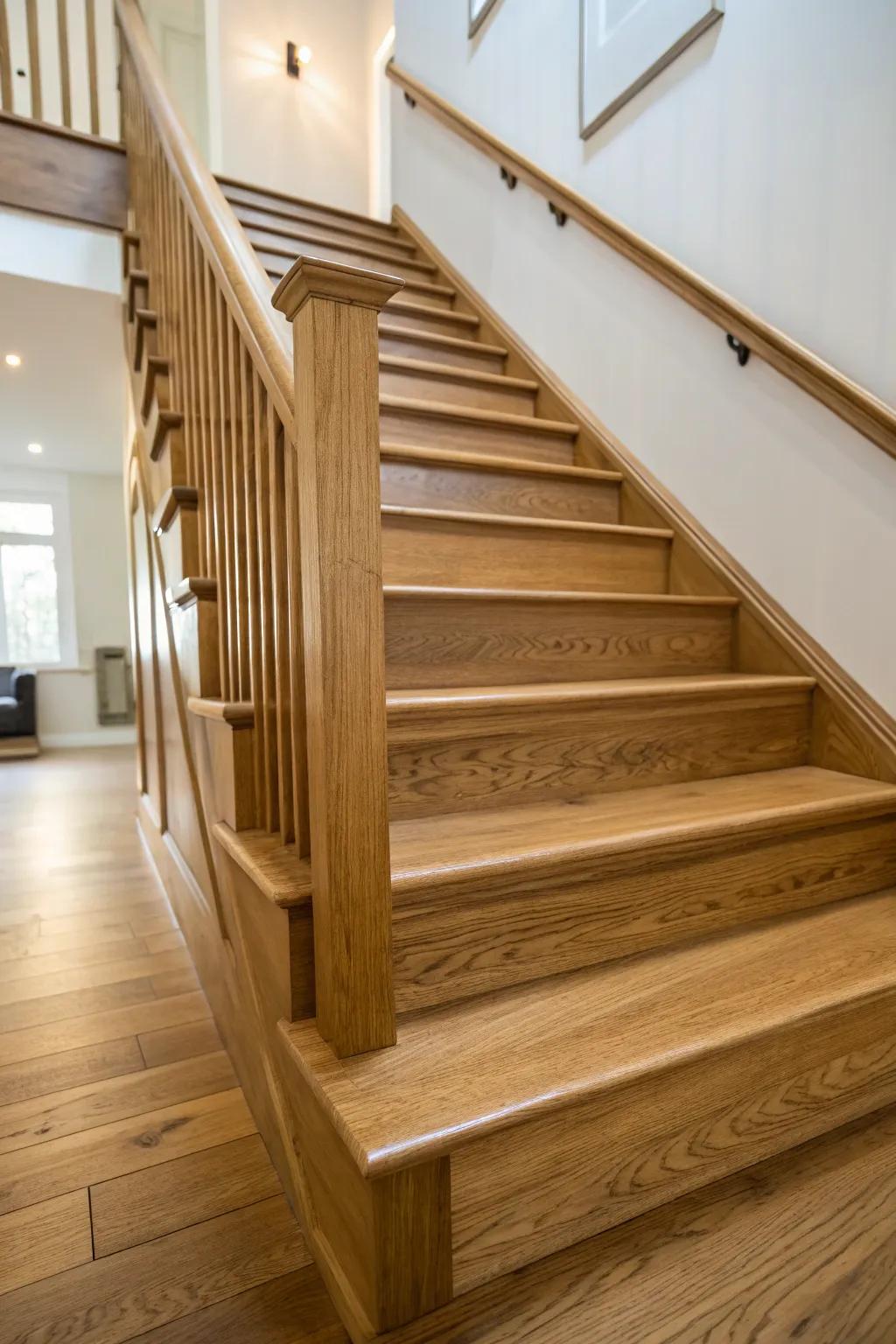 Eco-conscious polishes enhancing the splendor of an oak stairwell.