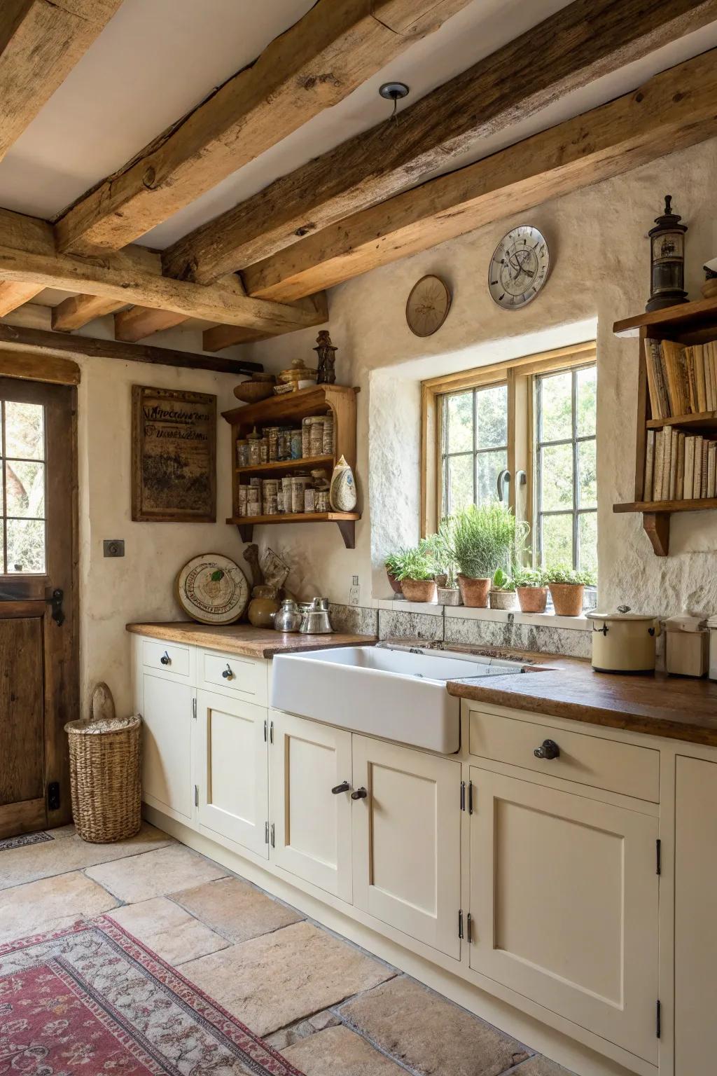 Country elements pair seamlessly with cream-colored cabinets.