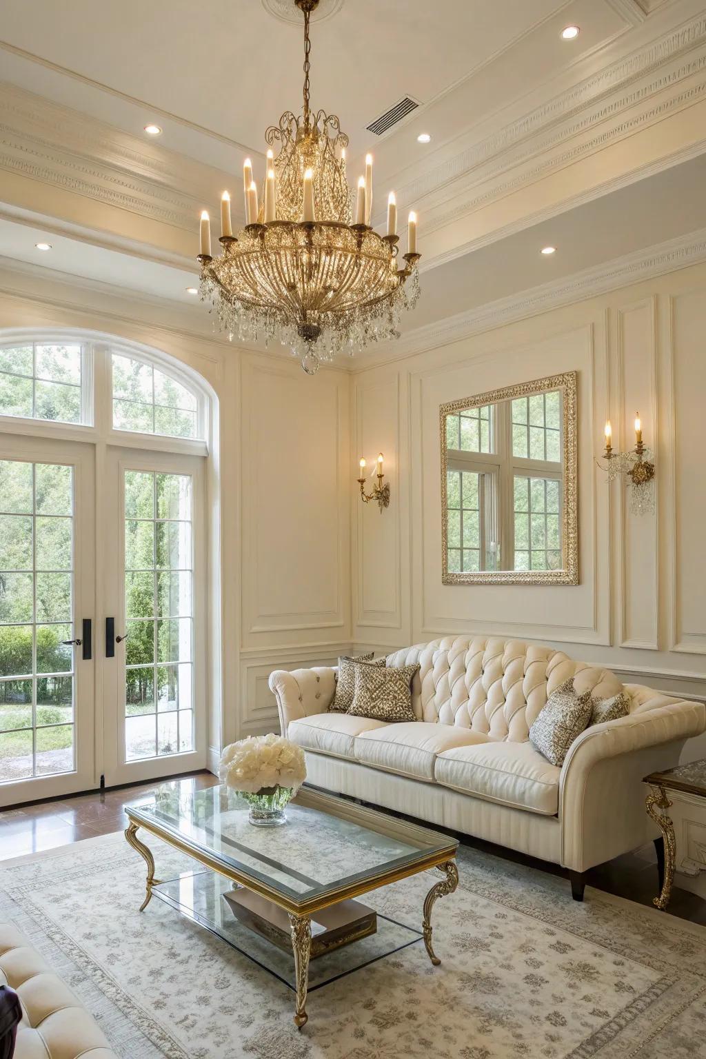 Elegant lighting sets the tone in an off-white living space.