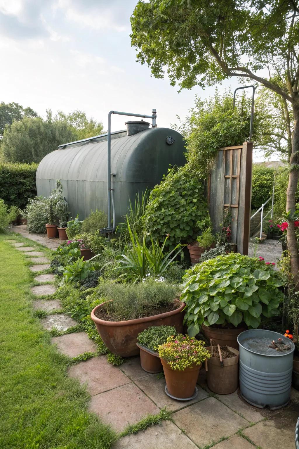 An oil container discreetly obscured by a diverse selection of container flora.