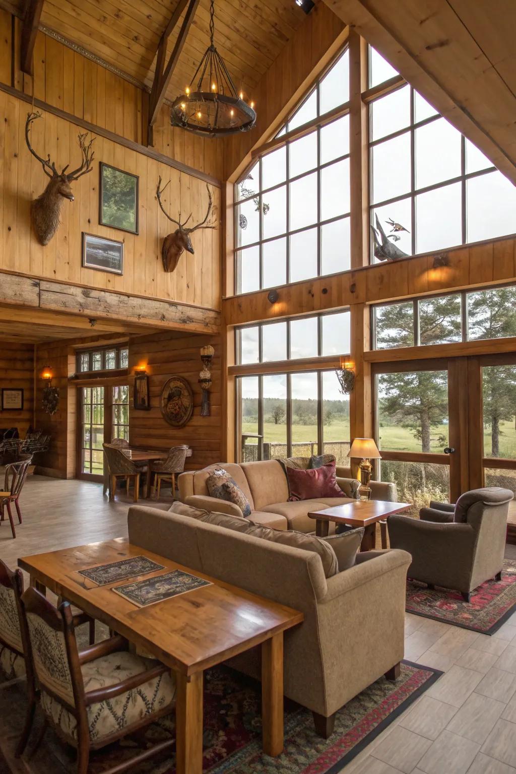 Open-plan hunting cabin featuring communal seating arrangements.