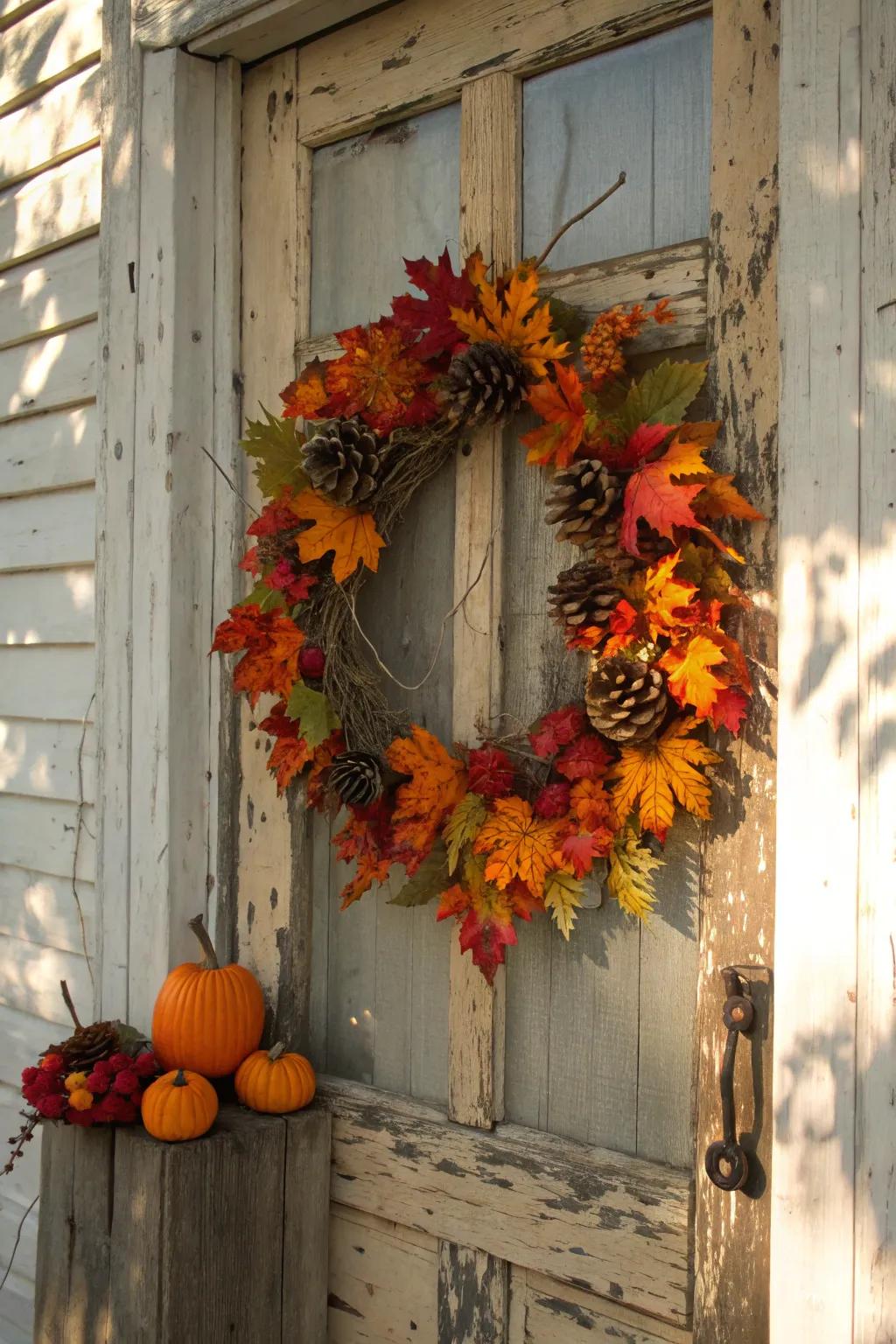 Elevate your porch with a celebratory wreath display that exudes rustic charm and warmth.