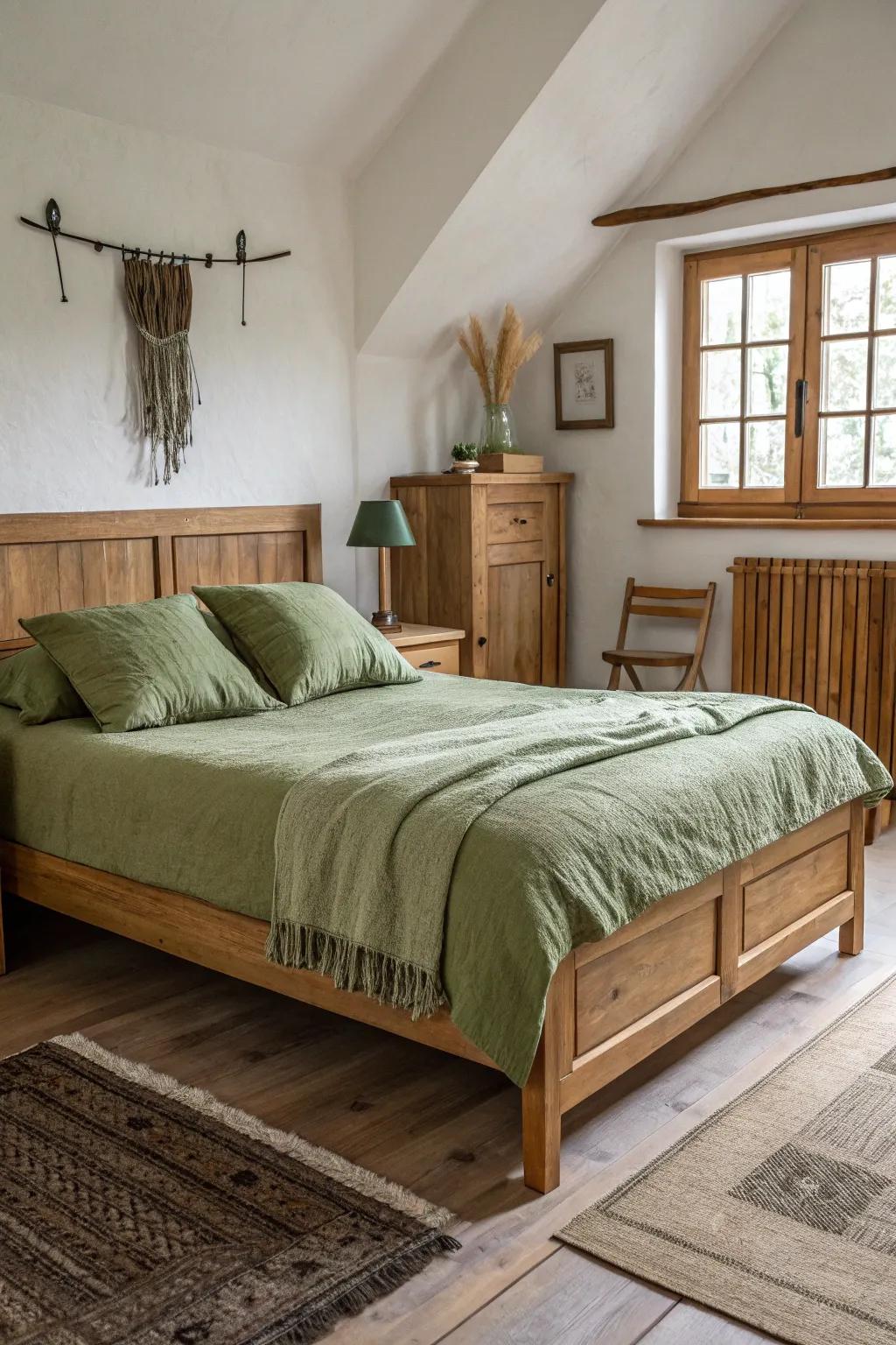 Wood textures enhance the organic sensation of olive green bedding.