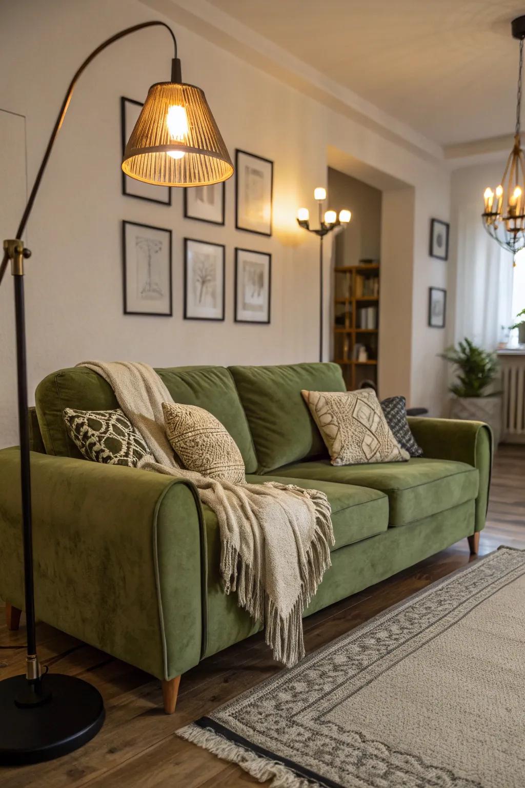 Gentle illumination enhances the cozy vibe of a sitting room.