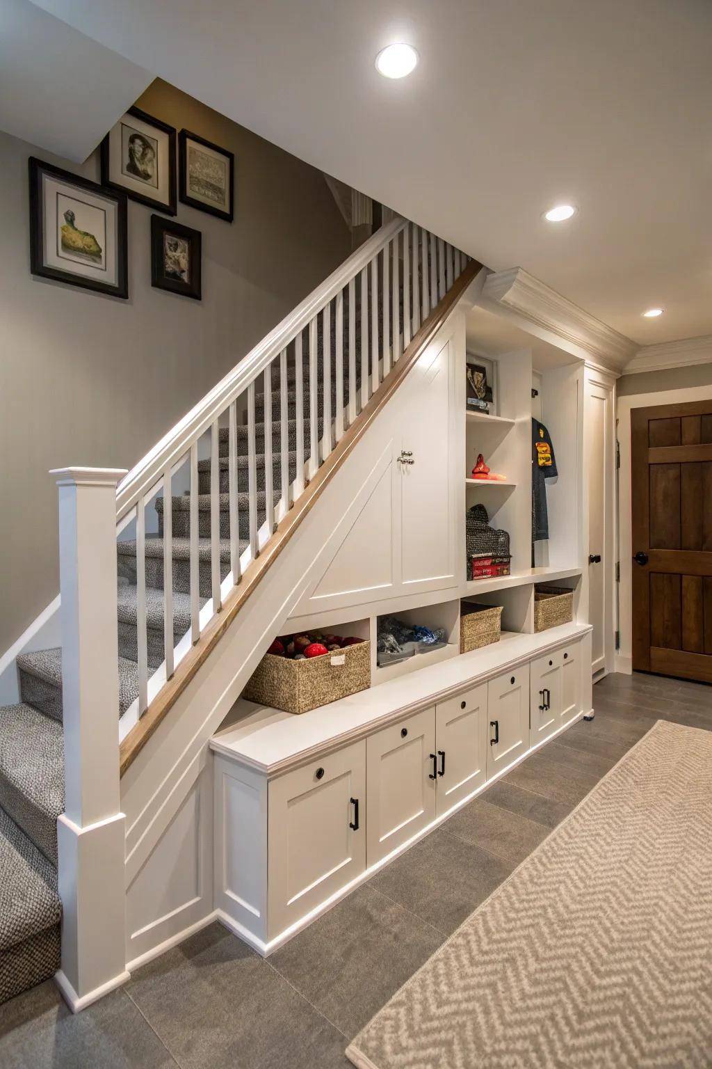 Built-in storage beneath the steps maximizes space effectively.