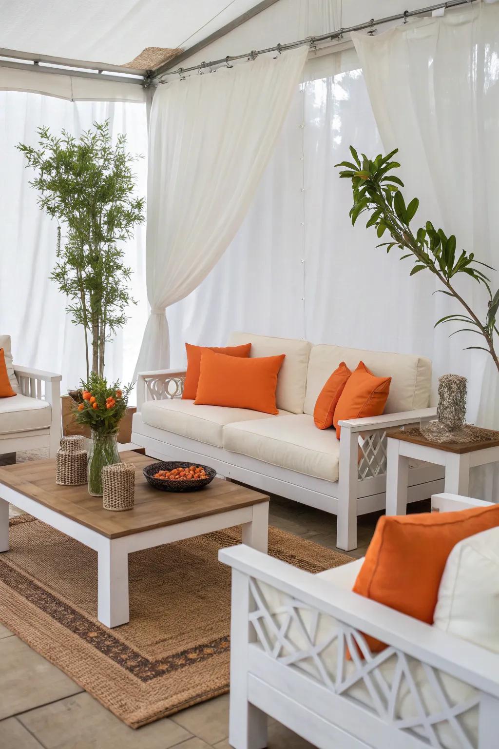 Ivory furniture matched with tangerine mats for a chic and timeless appearance.