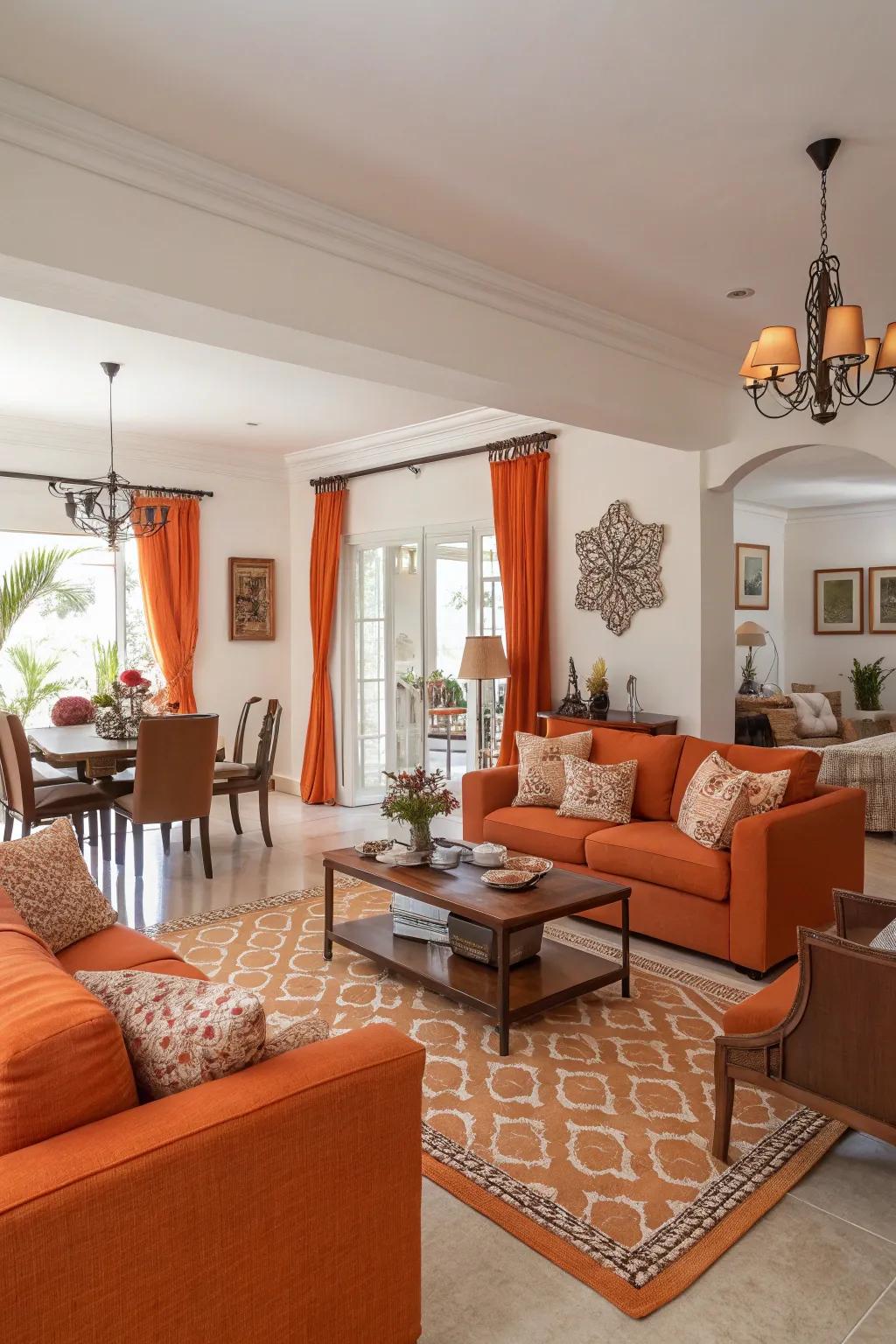 A seamless living and dining area with cohesive orange d&eacute;cor.