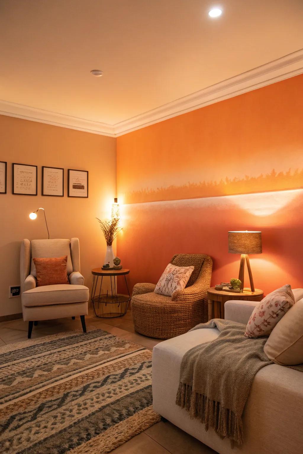 A room radiating warmth with its calming tangerine ombre wall.