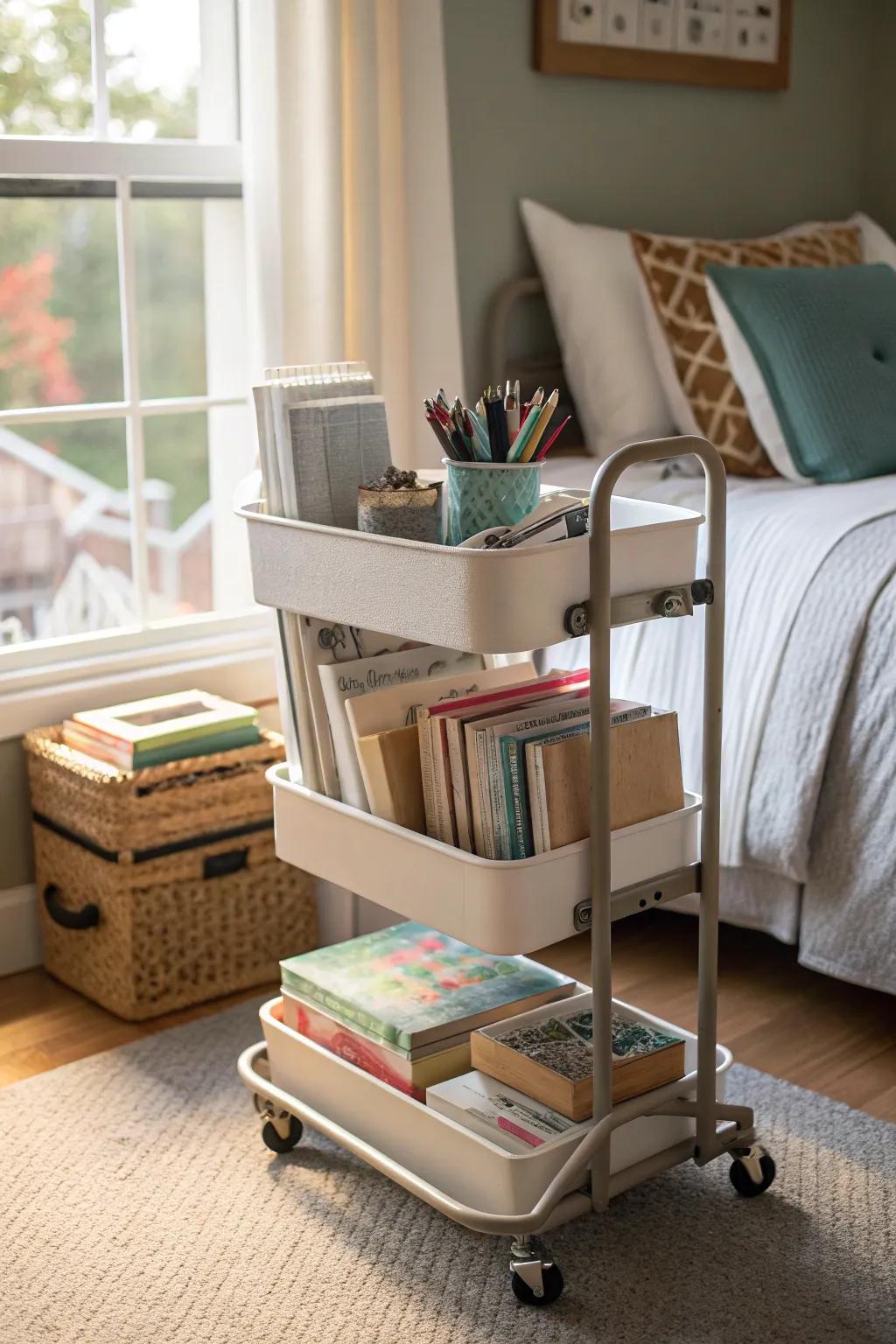 Maintain mobility and tidiness with a wheeled cart.