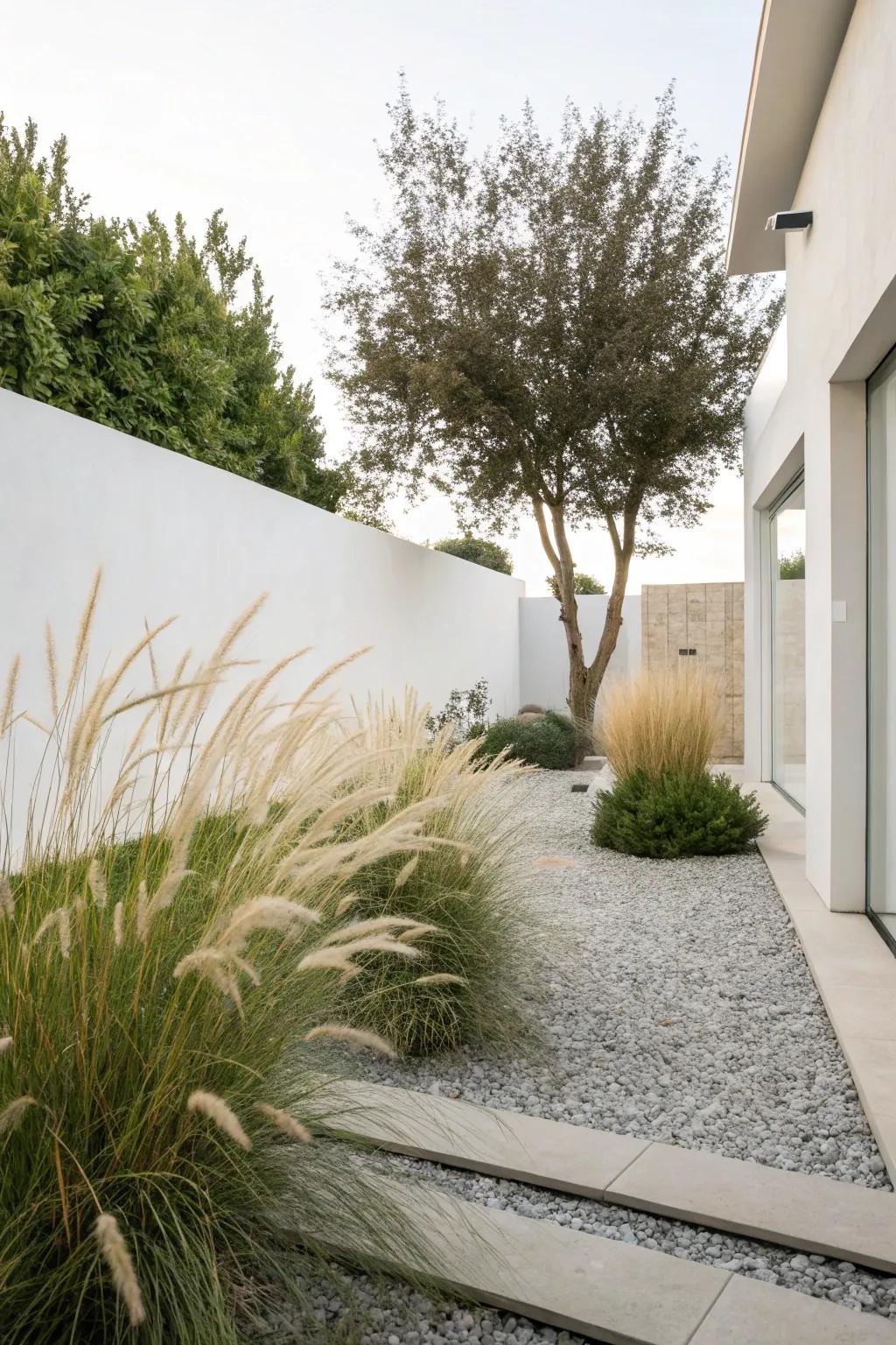 Minimalist garden design with a single type of ornamental grass.