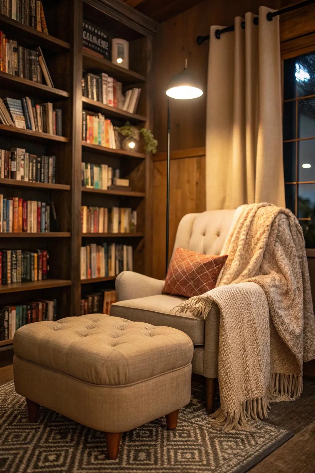 A welcoming reading nook featuring a cozy ottoman.