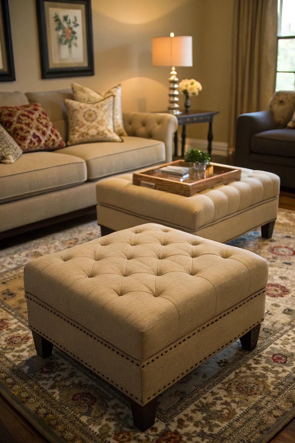 Paired footrests offer symmetry and elegance.