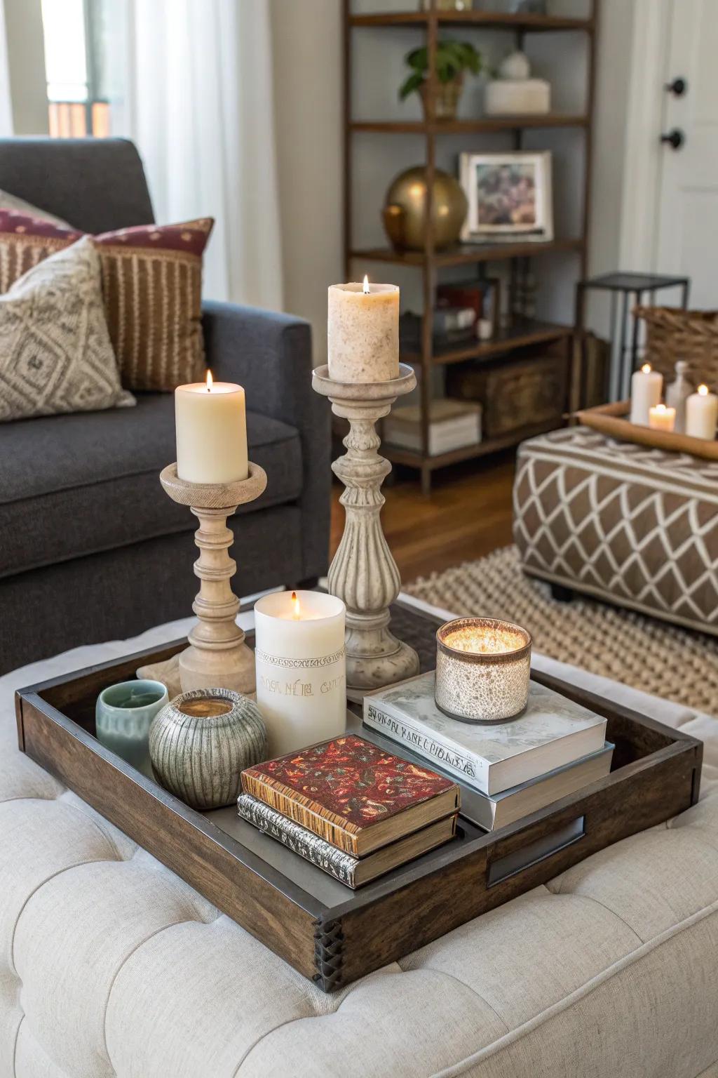 Create visual intrigue by changing decor heights.
