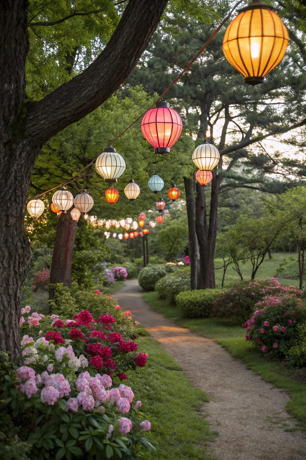 Dangling lights introduce a whimsical feature to outdoor settings.