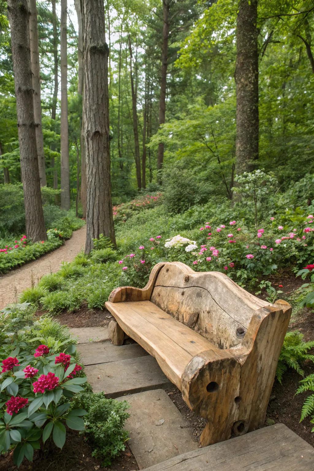 Raw wood bench celebrating nature’s pure beauty.