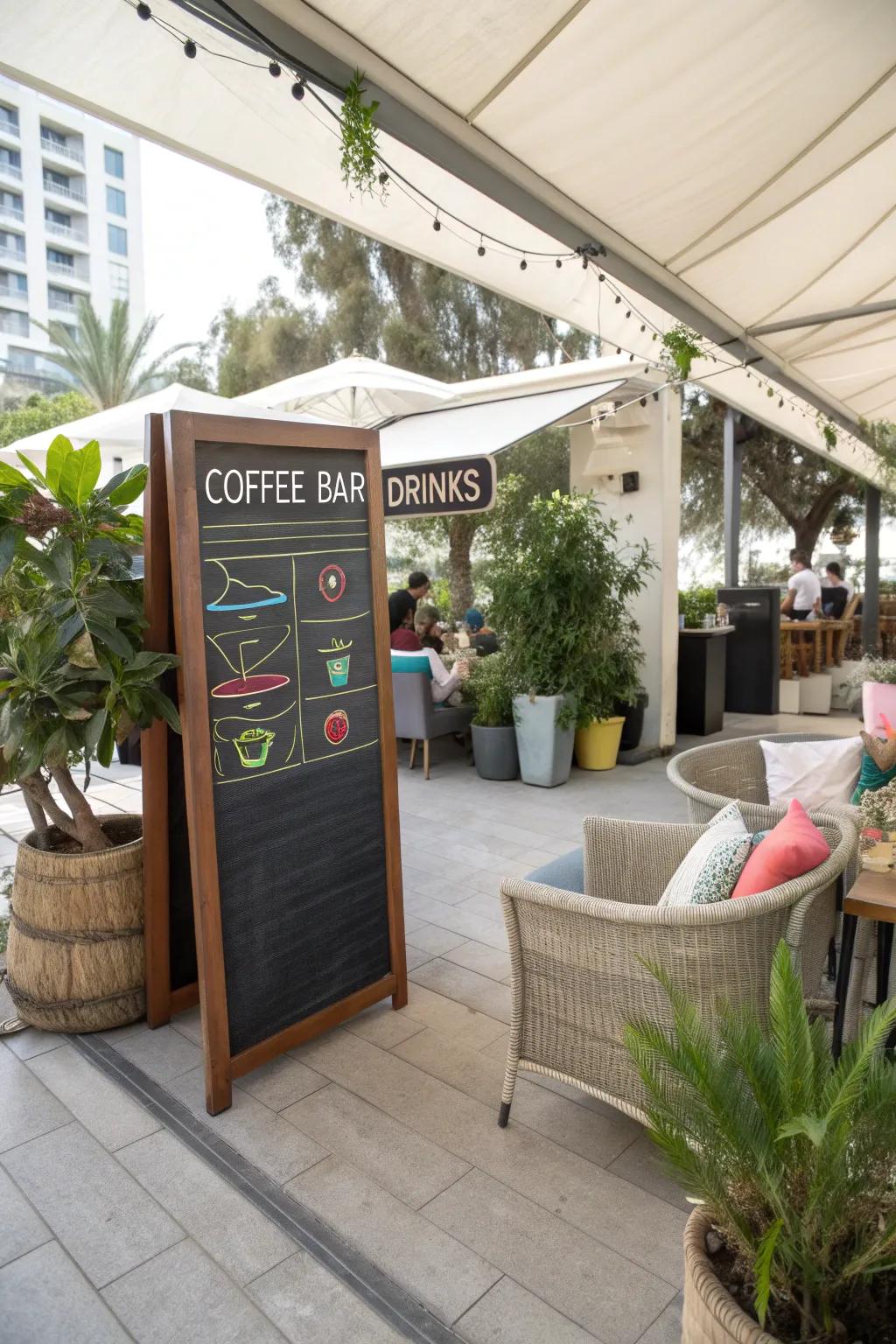 A charming chalkboard menu adds a café feel to this outdoor java station.