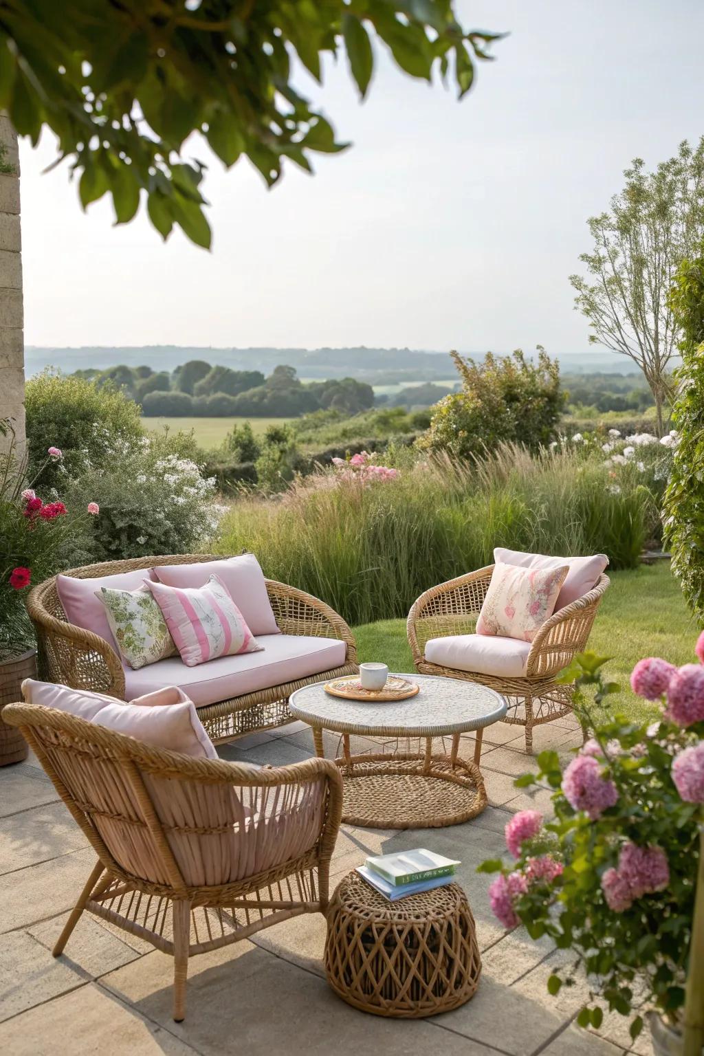 Weaved furniture adds a retro touch with natural charm.