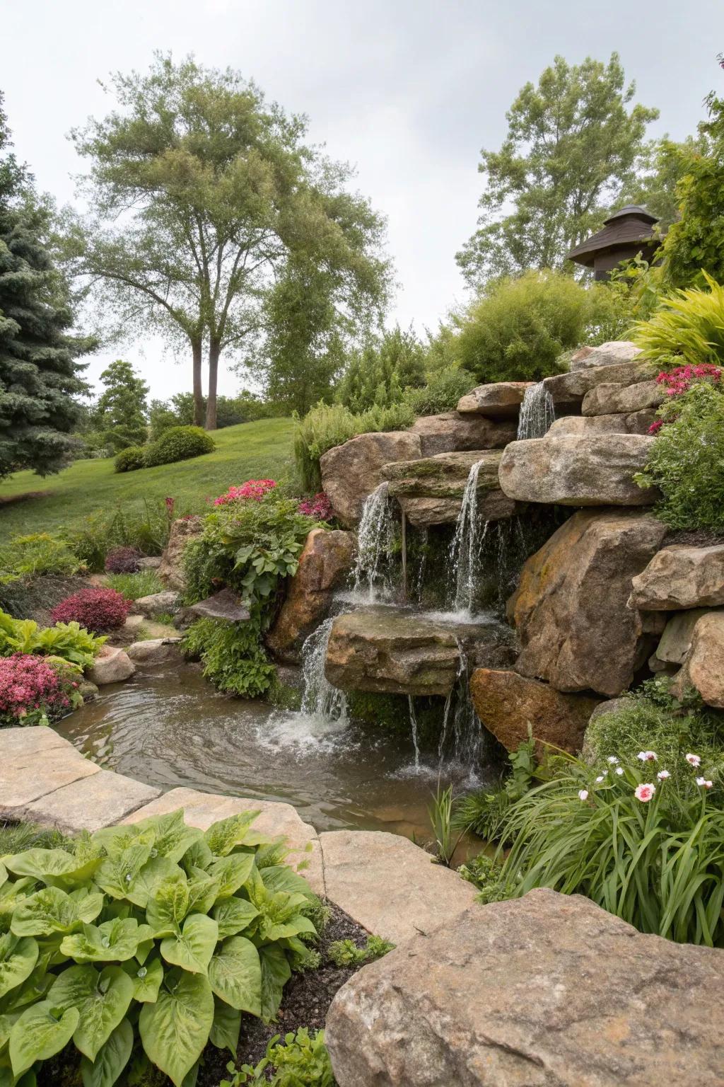 Stone fountains merge nature with design for a harmonious garden feature.