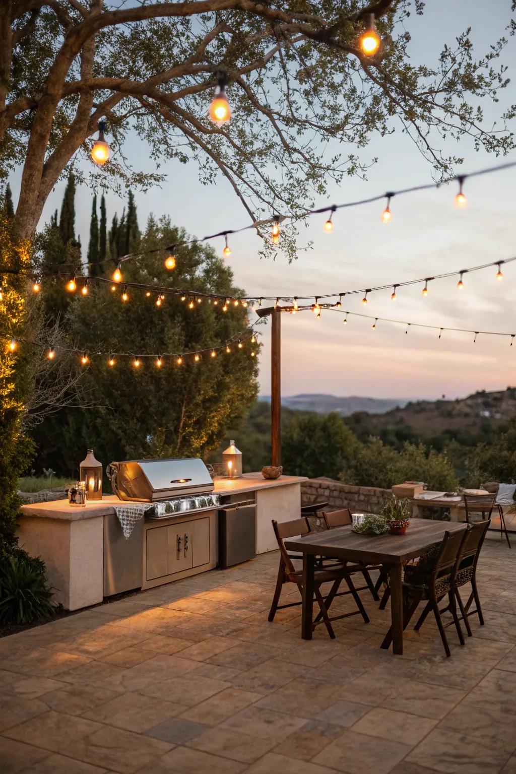 Twinkle lights add a whimsical ambiance to the grilling area.