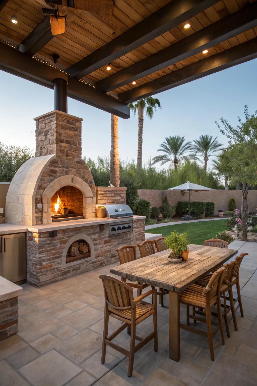 A pizza oven introduces a unique culinary experience.