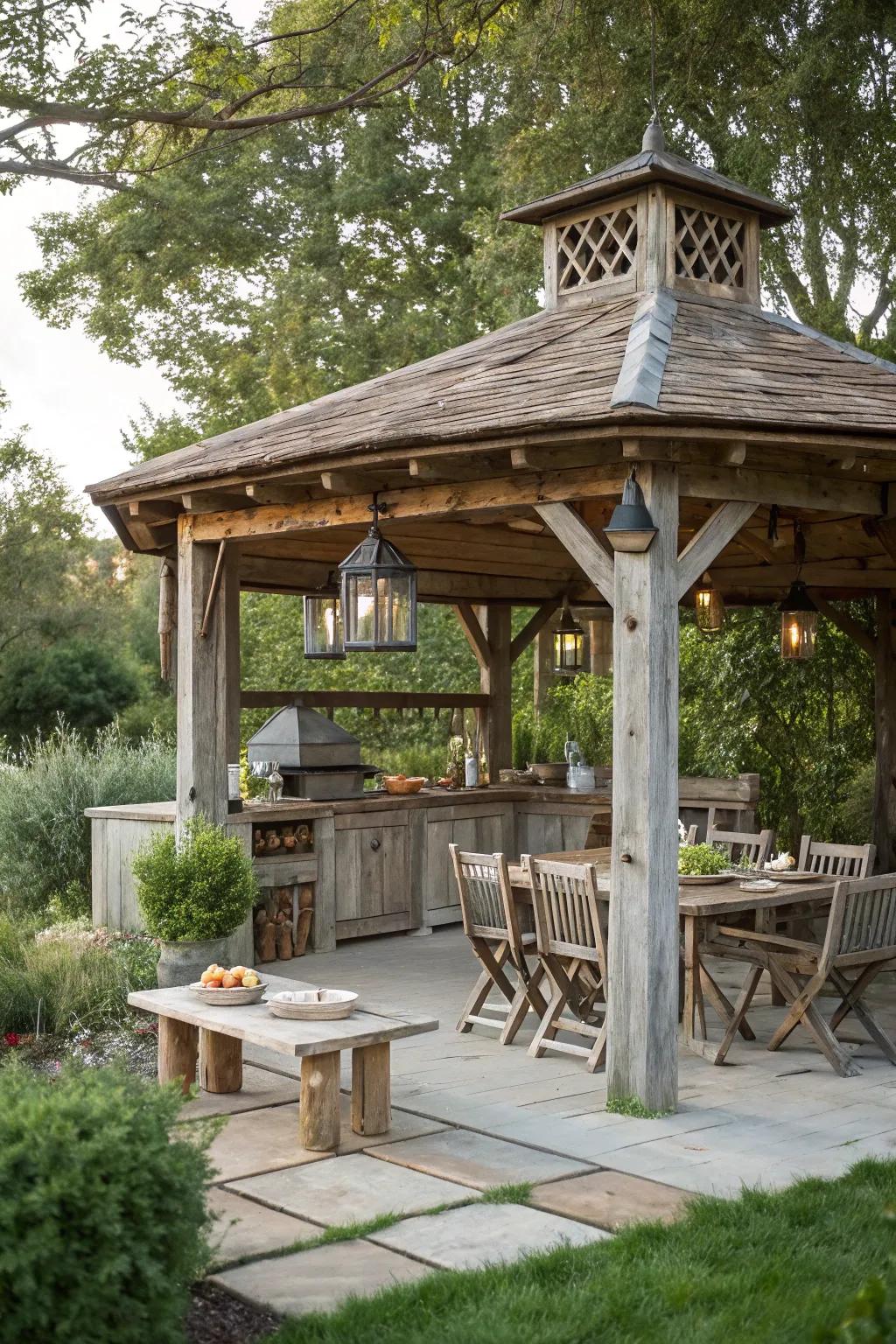 Take rustic beauty using a farmhouse-inspired outdoor kitchen gazebo.