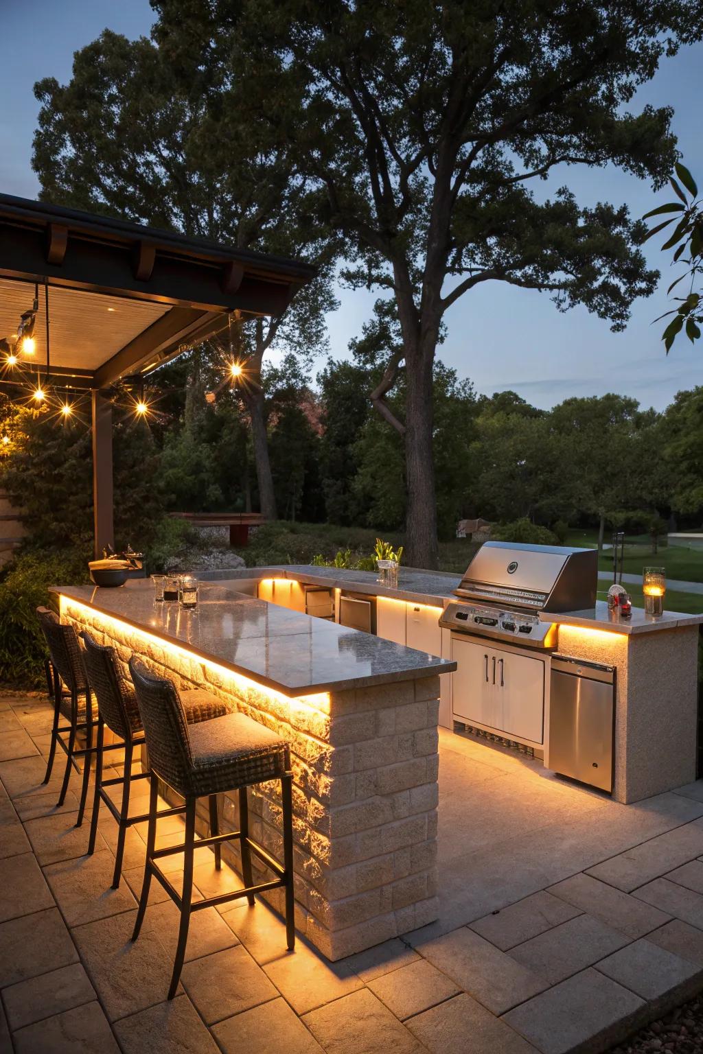 An outdoor kitchen bar with integrated lighting for an enchanting evening vibe.