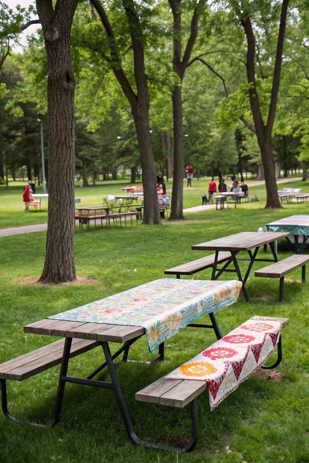 Striking table strips bring personality and style to park picnics.
