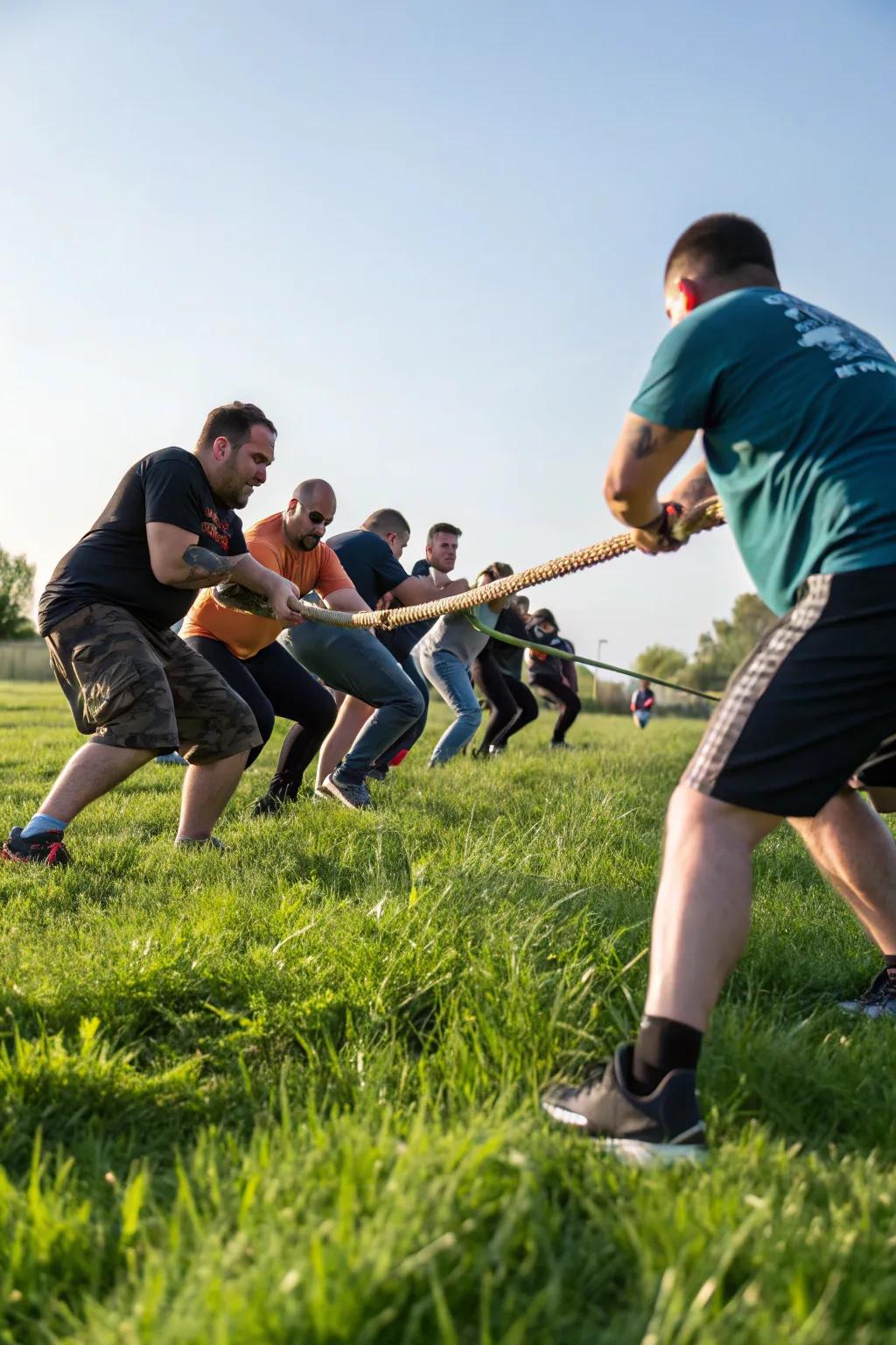 A cord pulling contest eliciting laughter and exhilaration.