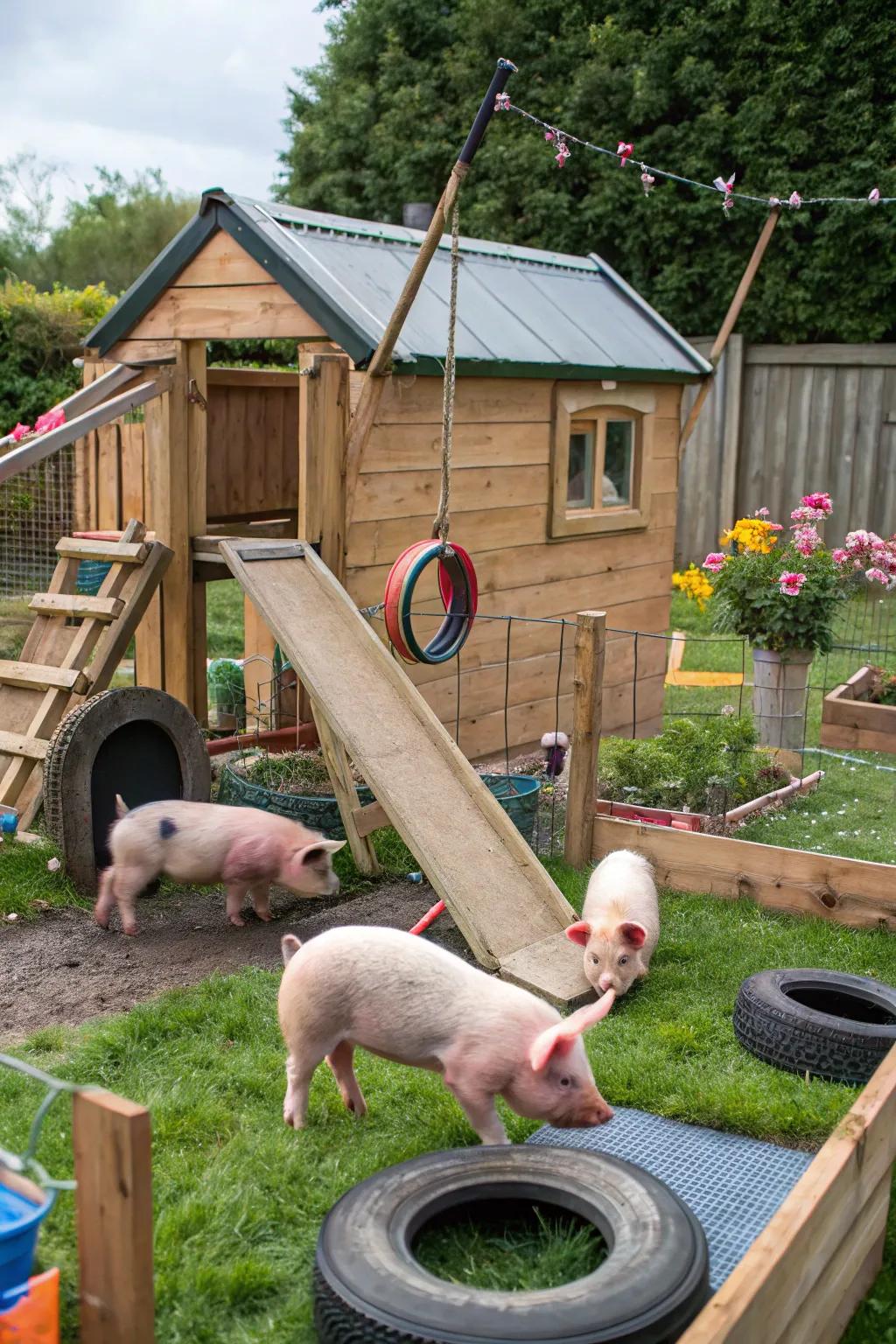 An energetic enclosure with zones devised for pig amusement and interplay.
