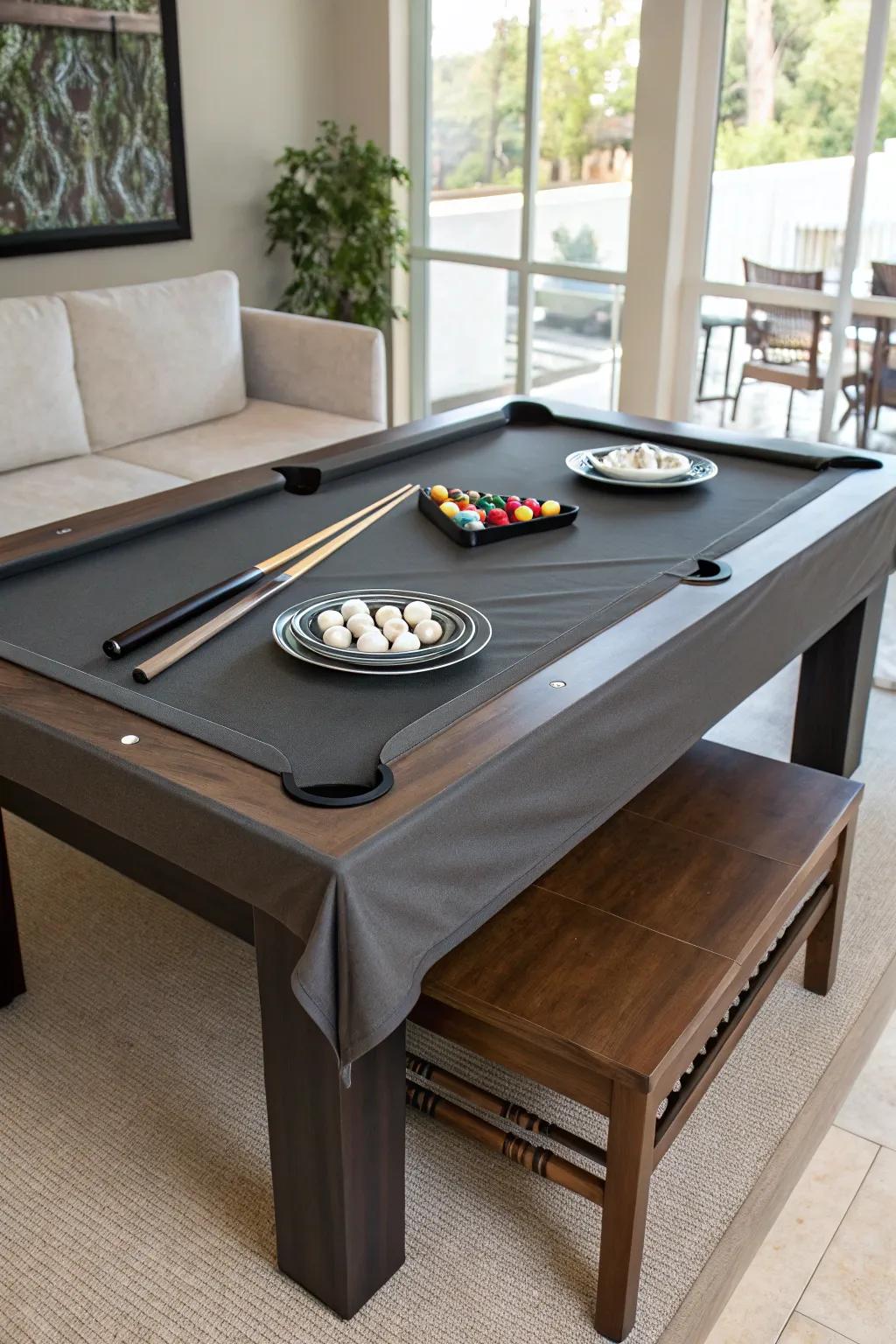 A snooker table with a convertible cover that doubles as a dining area.