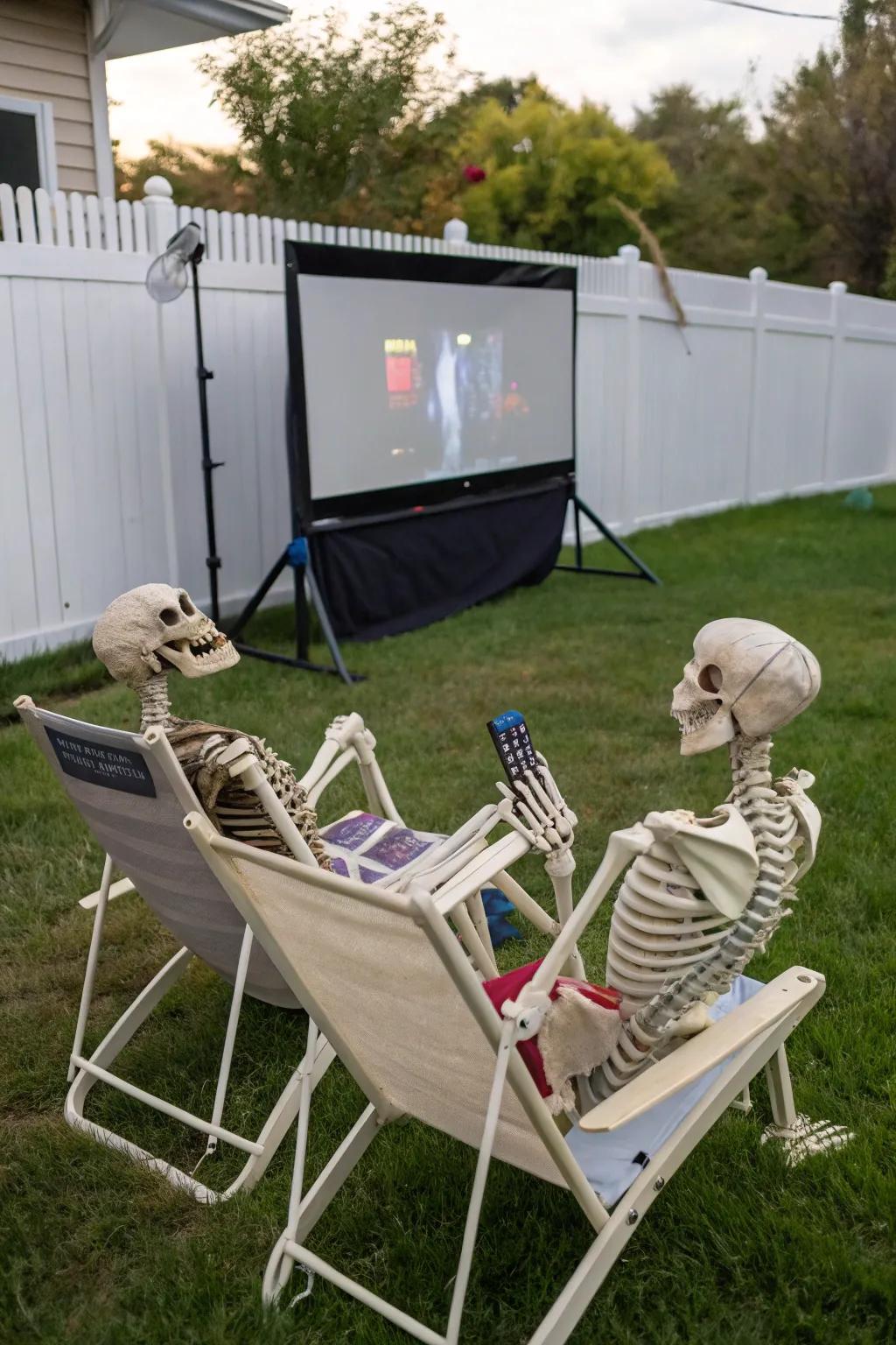 <strong><em>Skeletons</em></strong> enjoying a drive-in movie night.&rdquo; loading=&rdquo;lazy&rdquo; class=&rdquo;pimg&rdquo;>
	</picture><figcaption><strong><em>Skeletons</em></strong> enjoying a drive-in movie night.</figcaption></figure>
<p>Construct a miniature drive-in theater with <strong><em>skeletons</em></strong> chilling in <strong><em>comfortable deck chairs</em></strong>, engrossed in a <strong><em>classic Halloween movie</em></strong>. Incorporate a projector and screen for that extra layer of authenticity.</p>
<h3>Some ideas to consider:</h3>
<ul class=