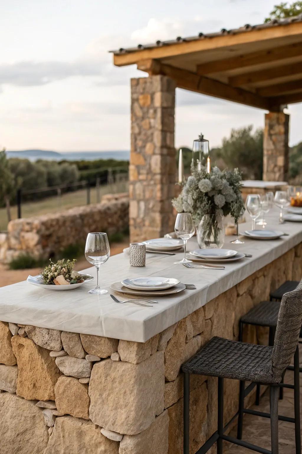 A stone bar that doubles as a bar and a dining table for al fresco dining.