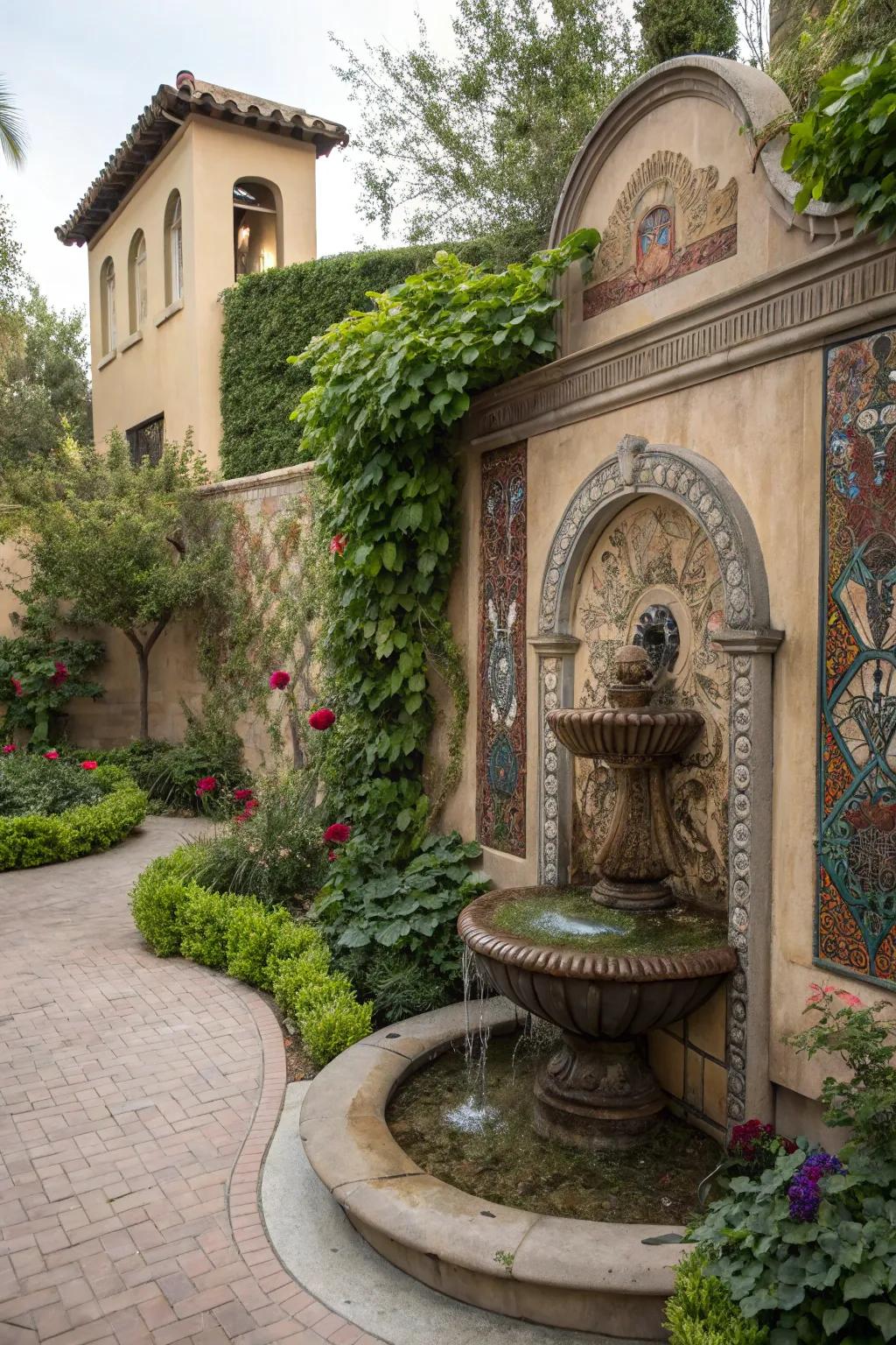 Sculptural designs add creative flair to wall fountains.